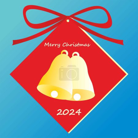 Illustration for Merry Christmas 2024 year, card, tag with bells, red etiquette, blue background, vector symbols, eps. - Royalty Free Image
