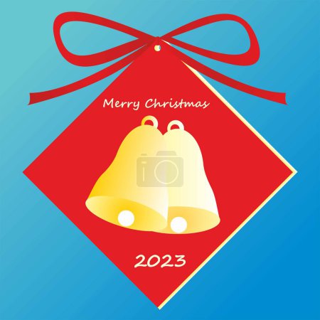 Illustration for Merry Christmas 2023 year, card on gift, tag with bells, red etiquette, blue background, vector symbols, eps. - Royalty Free Image