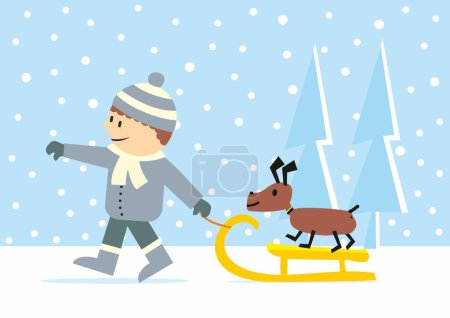 Illustration for Boy with dog and sledge, vector illustration, blue background with snowflakes - Royalty Free Image