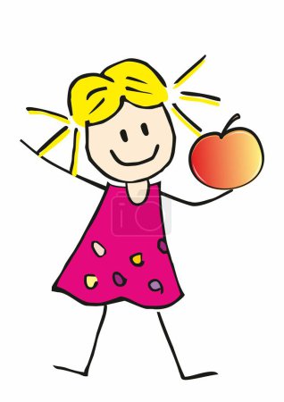 Illustration for Healthy food, one child, girl holding an apple, funny vector illustration - Royalty Free Image