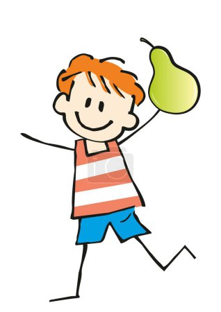 Illustration for Healthy food, one child, boy holding a pear, funny vector illustration - Royalty Free Image