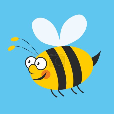 Illustration for One flying bee on blue background, vector cute illustration, simple colour image. - Royalty Free Image