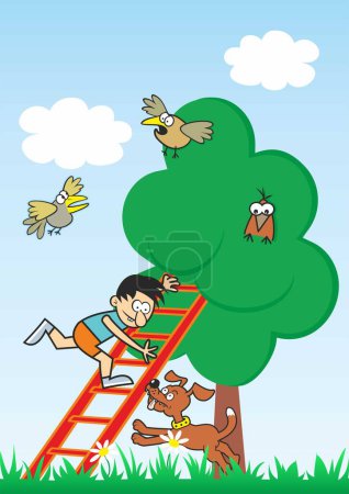 Illustration for A boy on a ladder in the garden, an approaching dog, a tree and birds, vector humorous illustration - Royalty Free Image