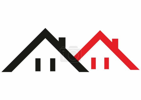 Gruppe von zwei Häusern, Dächer mit Schornsteinen und Fenstern, Frontansicht, schwarze und rote Farben, Linie, Vektorsymbol, Symbol