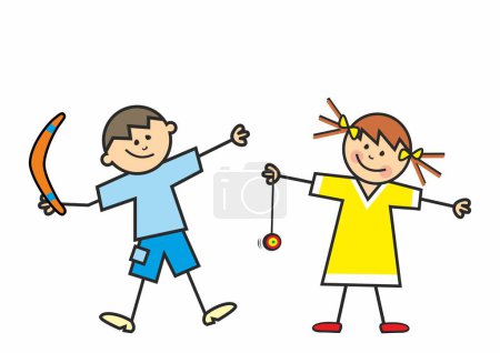 Illustration for Group two children, boy with boomerang and girl with yo yo, toys, leisure activity, vector illustration - Royalty Free Image