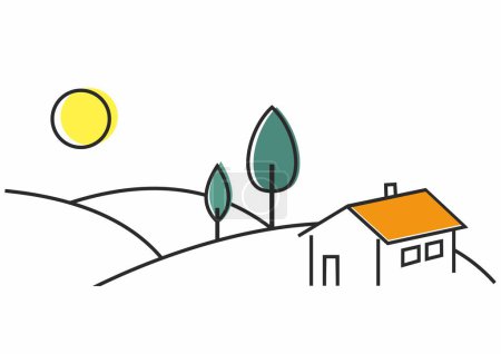 Ilustración de Paisaje con casa, árboles, colinas y sol. Dibujo a color, ilustración vectorial. - Imagen libre de derechos