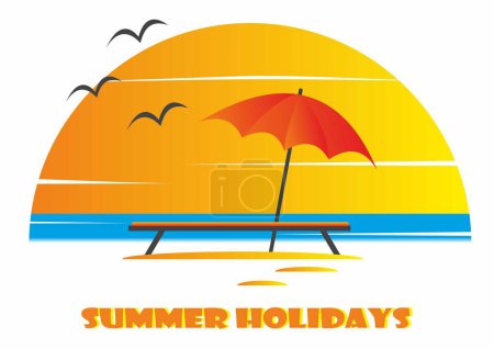 Vacances d'été, soleil au-dessus de la surface de l'eau, chaises longues et parasol. Oiseaux marins et volants, illustration vectorielle.
