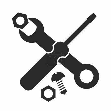Jeu d'outils, clé et tournevis, écrous et boulons, icône vectorielle, symbole noir