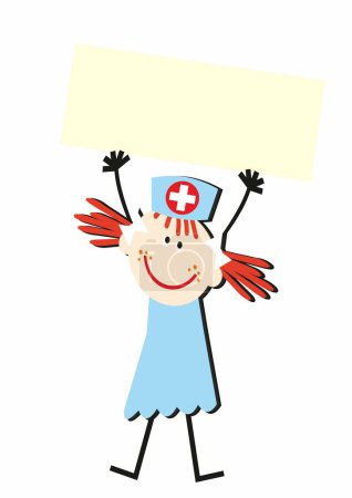 Una chica con banner en blanco, enfermera, plantilla para su texto, ilustración vectorial