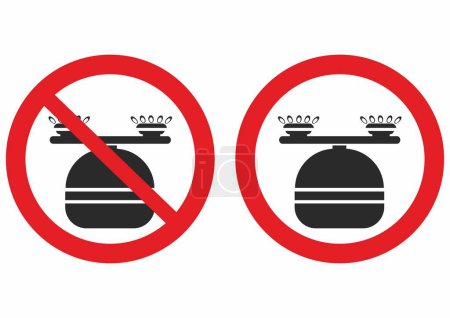 Ban on the use of gas stoves, no cooking, propane butane bomb, vector sign, black symbol, red circle shape
