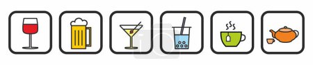 Illustration for Gastronomy icon, set, menu of beverages, drinks, colored symbols, vector - Royalty Free Image