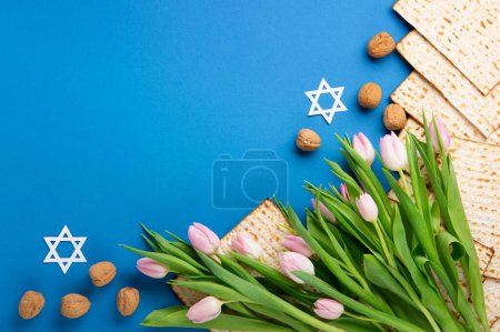 Téléchargez les photos : Jewish holiday Passover greeting card concept with matzah, nuts, tulip flowers on blue table Seder Pesach spring holiday background, top view, copy space. - en image libre de droit