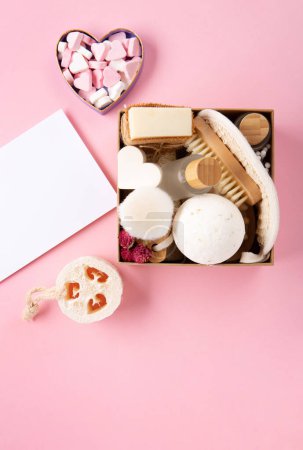 Photo for Natural eco friendly beauty skin care products concept. Zero waste bathroom, spa accessories on pink background. Eco friendly self care gift package for mothers, womans day, valentines day. - Royalty Free Image