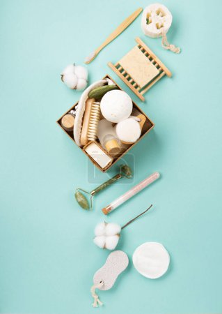 Photo for Eco friendly self care package for birthday, womans, mothers day. Natural eco friendly beauty skin care products concept. Zero waste bathroom, spa accessories on green mint background. - Royalty Free Image
