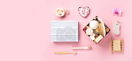 Photo for Natural eco friendly beauty skin care products concept. Zero waste bathroom, spa accessories on pink background. Eco friendly self care gift package for mothers, womans day, valentines day. - Royalty Free Image