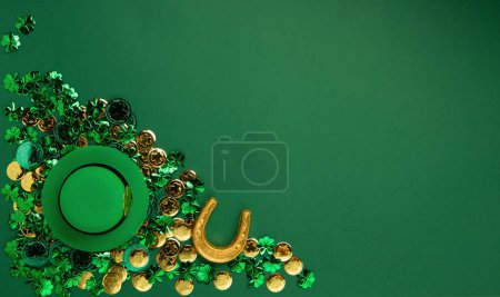 Photo for St. Patrick's Day leprechaun hat, gold coins and shamrocks on green background. Irish traditional holiday concept. Top view, copy space. - Royalty Free Image