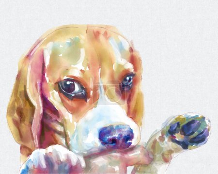 A playful beagle dog gently bites a person's hand, Digital watercolor hand painting