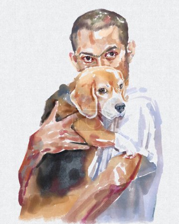 Digitales handgemaltes Aquarell eines Mannes mit einem Beagle-Hund