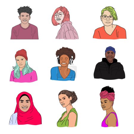 Illustration for Bold Lined Quirky Avatars set isolated on white, vector illustration. - Royalty Free Image