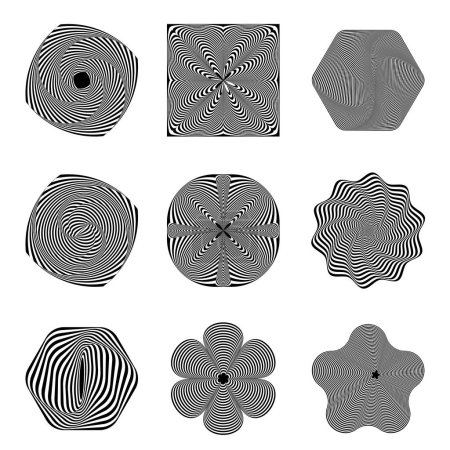 Illustration for Set of 9 hypnotic designs showcases a harmonious blend of precision and fluidity, creating striking visual illusions. - Royalty Free Image