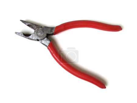 Photo for Red handle rusty pliers isolated on white background. Close up of hand tool. - Royalty Free Image