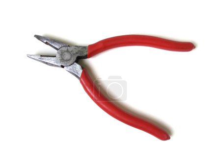 Photo for Red handle rusty pliers isolated on white background. Close up of hand tool. - Royalty Free Image