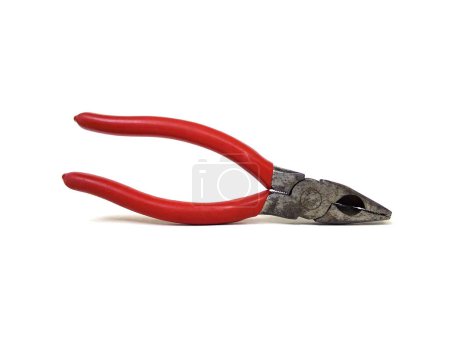Photo for Red handle rusty pliers isolated on white background. Close up of handyman tool. - Royalty Free Image