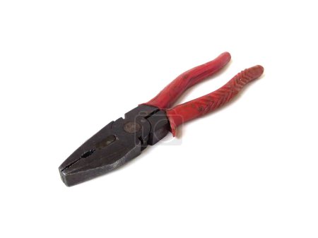 Photo for Old red handle rusty pliers isolated on white background. Close up of handyman tool. - Royalty Free Image