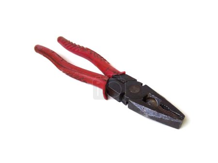 Photo for Old red handle rusty pliers isolated on white background. Close up of handyman tool. - Royalty Free Image