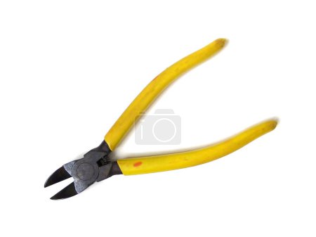 Photo for Yellow handle cutting pliers isolated on white background. Close up of hand tool. - Royalty Free Image
