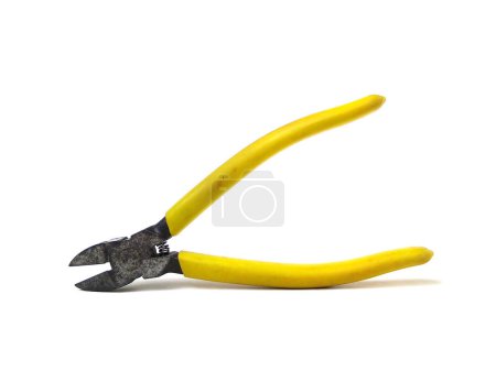 Photo for Yellow handle cutting pliers isolated on white background. Close up of handyman tool. - Royalty Free Image