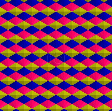 Forma geométrica abstracta sin costura patrón vector de fondo. Rosa, azul y amarillo 3d diamantes, rombo, triángulos patrón de repetición.