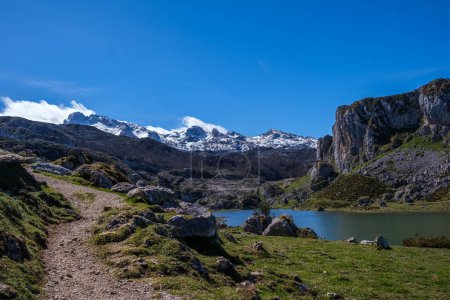 Foto de Un sendero serpentea a través de las montañas, que conducen al lago Covadonga ubicado en los Picos de Europa. El lago brilla bajo la luz del sol, reflejando los picos circundantes. - Imagen libre de derechos