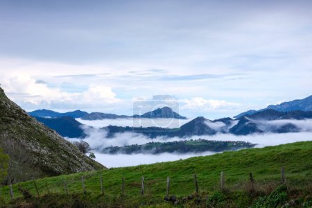 Una ladera en las montañas de Asturias en España está cubierta de exuberante vegetación verde, envuelta en niebla y nubes. La niebla está descendiendo visiblemente sobre el paisaje, creando una atmósfera mística y misteriosa.
