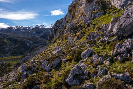 Una vista de una montaña rocosa que se eleva en el fondo con parches de hierba verde y rocas dispersas en primer plano.