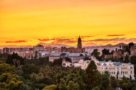 Malaga Old Town Aerial View with Malaga Cathedrat at Sunset, Spain 