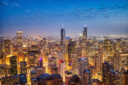 Illuminated Chicago Aerial Skyline View at Dusk, Illinois 