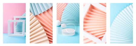 Photo for Set of stories templates with colorful abstract backgrounds with pink paper fans, white frame, geometric objects white frames products presentation or exhibitions. Trend Concept. Top view, copy space - Royalty Free Image