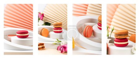 Photo for Set of stories templates with delicious macaron or macaroon cookies with white circles and flowers on beige and pink background, colorful almond small cakes. Phone backgrounds - Royalty Free Image