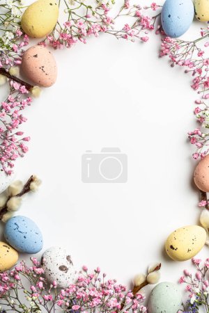 Photo for Shot from above of Easter composition with spring flowers and colorful quail eggs over white background. Springtime and Easter holiday concept with copy space. Top view - Royalty Free Image