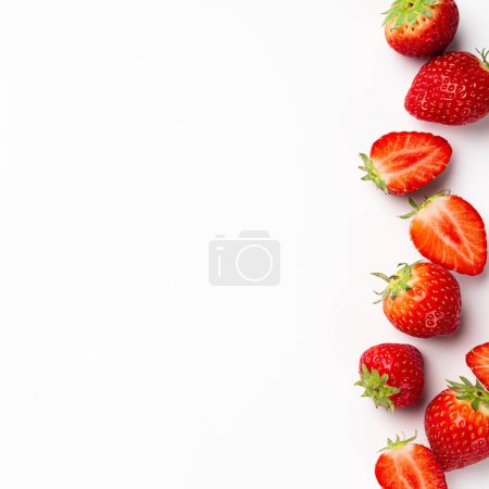 Photo for Fresh strawberry berries on white background, top view, flat lay. Healthy food concept with copy space - Royalty Free Image