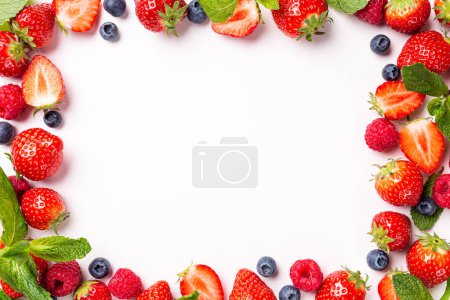 Photo for Frame berry background with strawberry, raspberry and blueberry over white, top view, flat lay. Creative food concept with copy space - Royalty Free Image