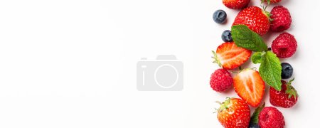 Photo for Banner with stripe of berries, strawberry, raspberry and blueberry on white background, top view, flat lay. Healthy food concept with copy space - Royalty Free Image