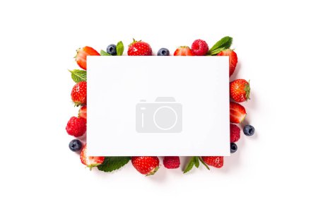 Photo for Berry background with paper blank, strawberry, raspberry and blueberry over white , top view, flat lay. Creative food concept with copy space - Royalty Free Image