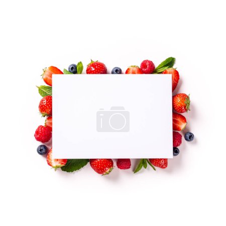 Photo for Overhead shot of paper blank, strawberry, raspberry and blueberry over white background, top view, flat lay. Healthy food concept with copy space. View from above - Royalty Free Image