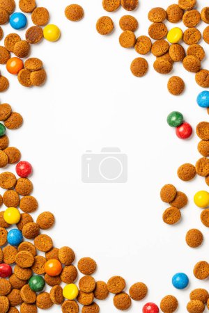 Photo for Dutch winter holiday Sinterklaas greeting card frame background. Celebration of Saint Nicholas in Netherlands, Belgium, Luxembourg in first week of December. Top view - Royalty Free Image