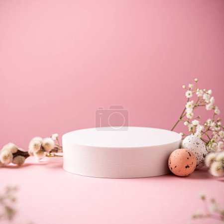 Photo for Abstract empty white podiums for products presentation or exhibitions on pink background with Easter quail eggs. Trend Concept with copy space. - Royalty Free Image