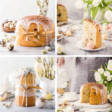 Photo for Food photo collage of Easter orthodox sweet bread, kulich and colorful quail eggs on light background. Easter holidays breakfast concept. - Royalty Free Image
