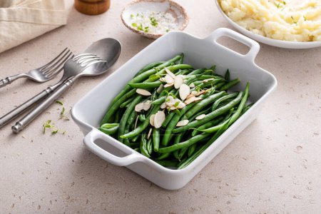 Photo for Green beans with sliced almonds, healthy side dish recipe - Royalty Free Image