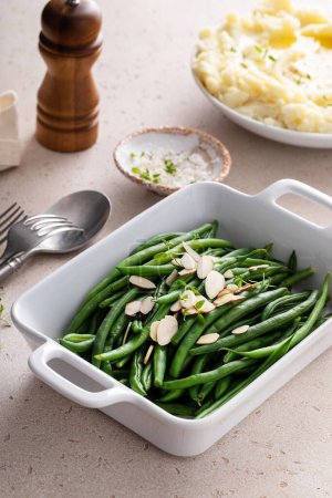 Photo for Green beans with sliced almonds, healthy side dish recipe - Royalty Free Image